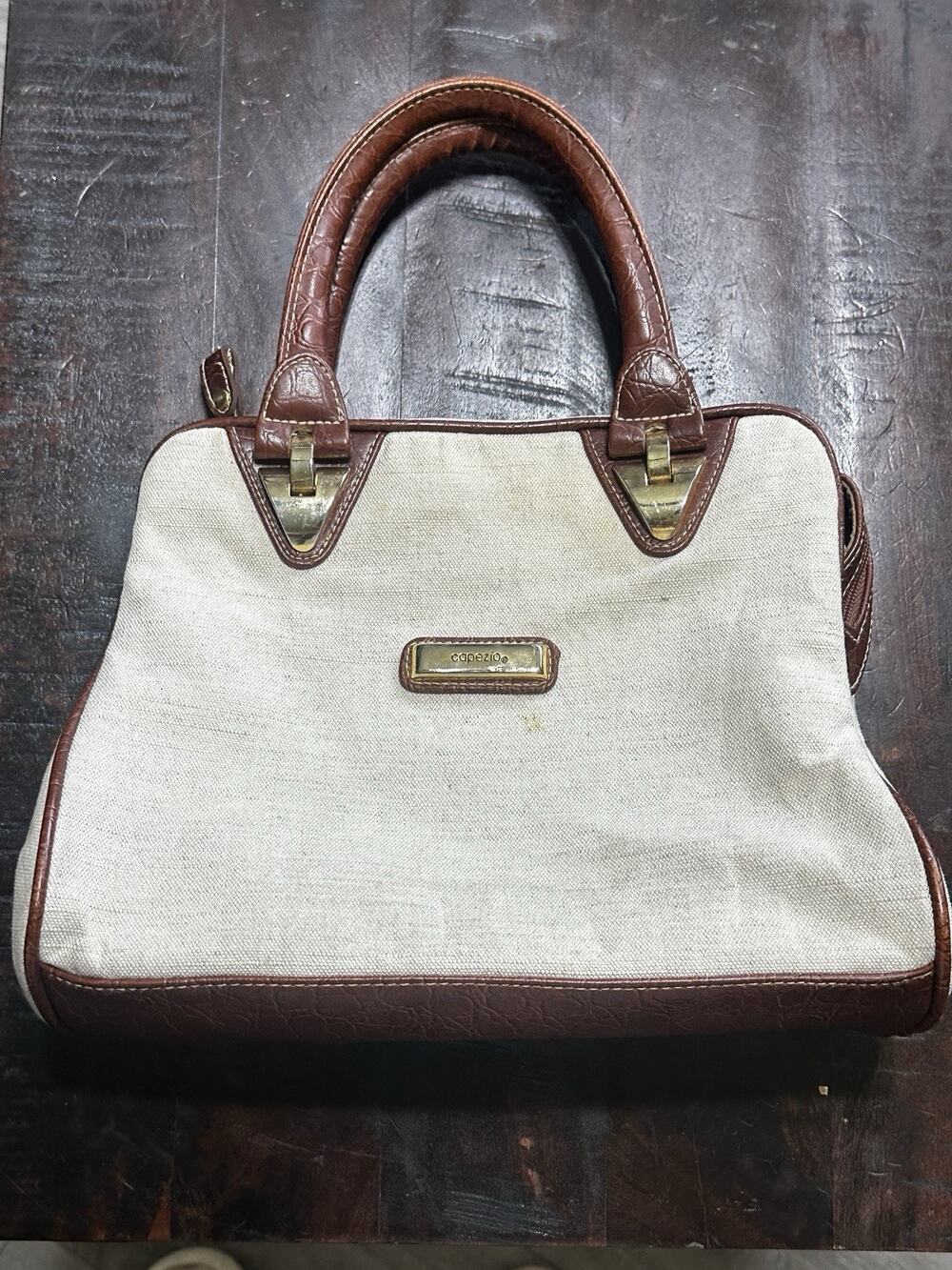 Vtg Capezio Satchel Handbag Women Ivory Cotton Canvas Faux Leather Trim Bag